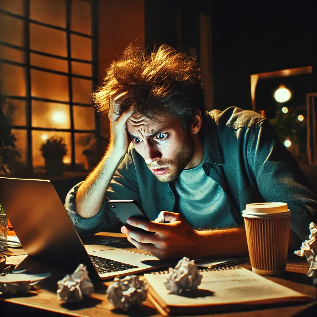 Man stressed looking at laptop and phone