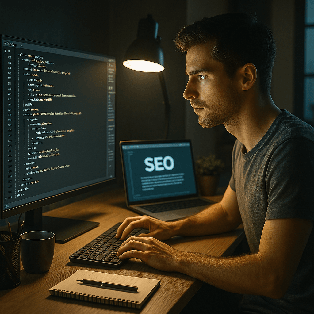 Web developer creating a SEO web site on a desktop computer